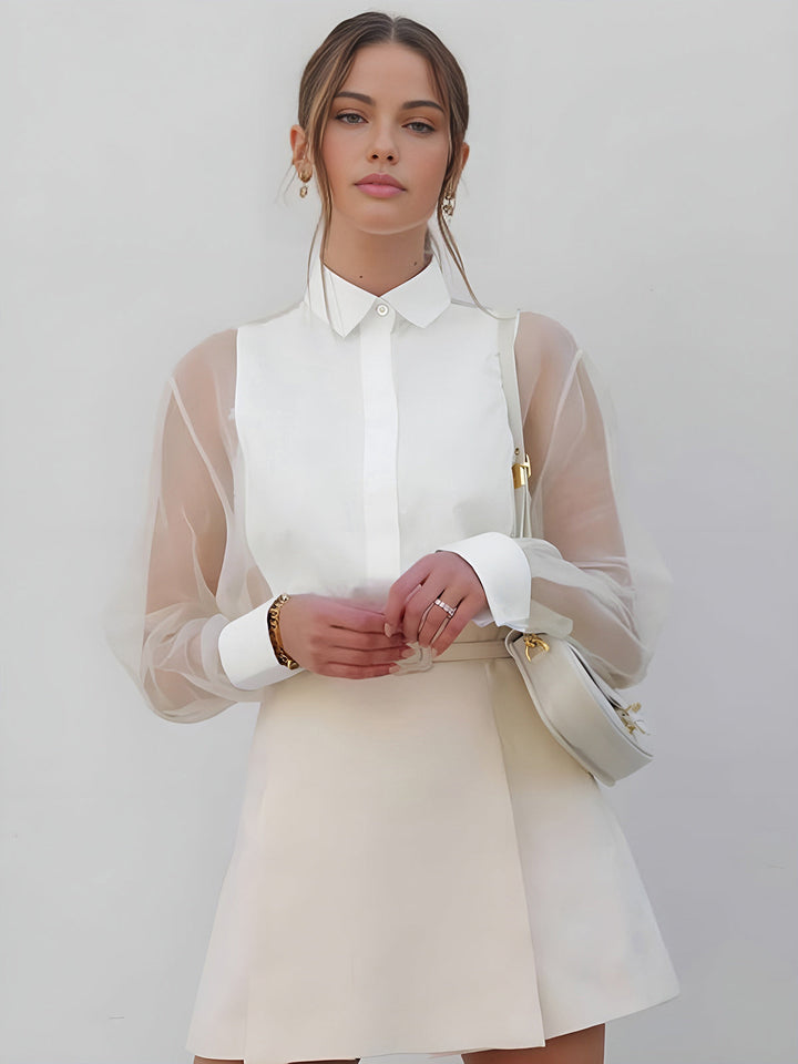 Womens Organza Blouse with Transparent Mesh Sleeves Classic Fit