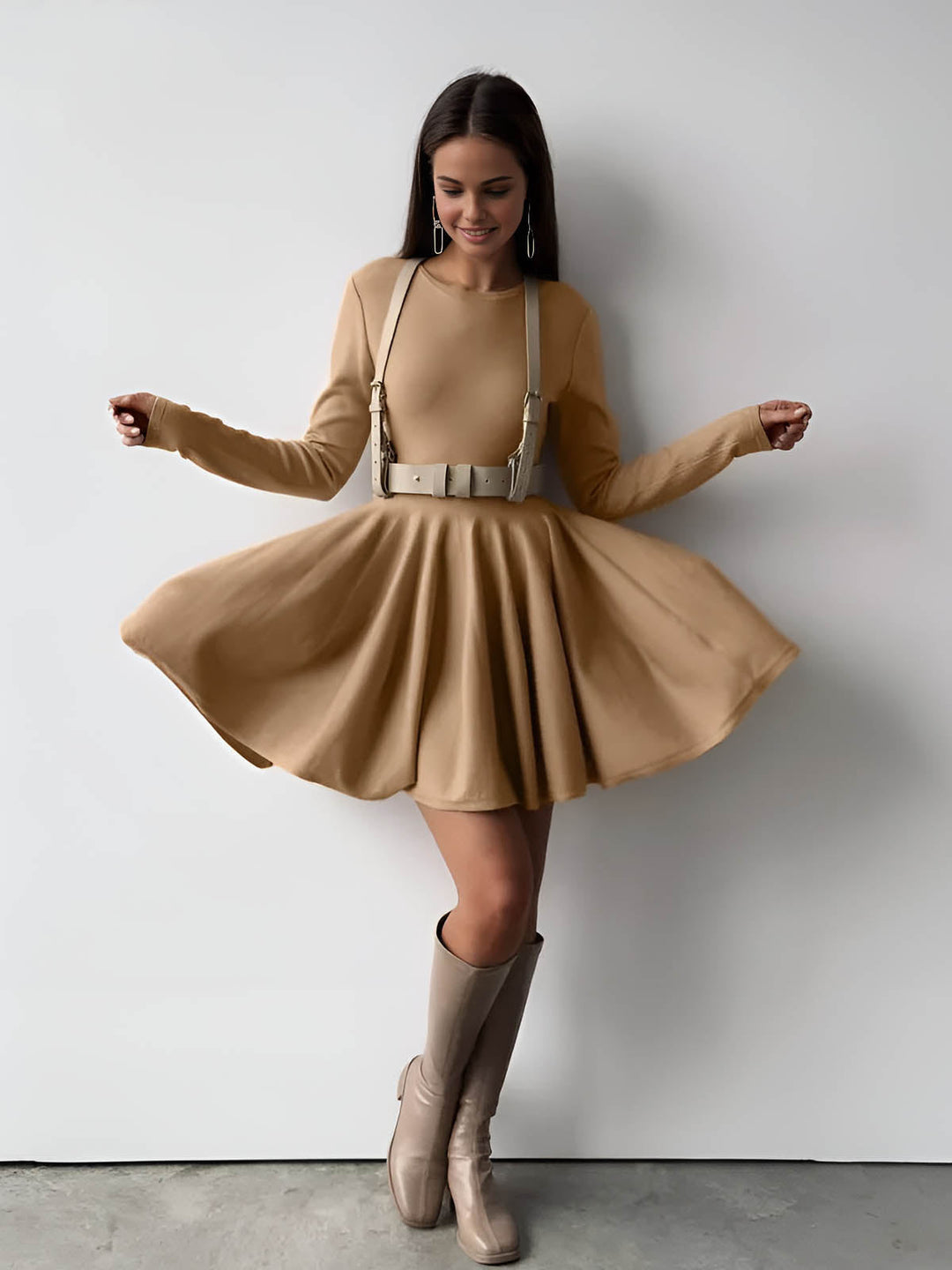 Womens Pleated Knit Sweater Dress Stretch Fit Short Sleeve
