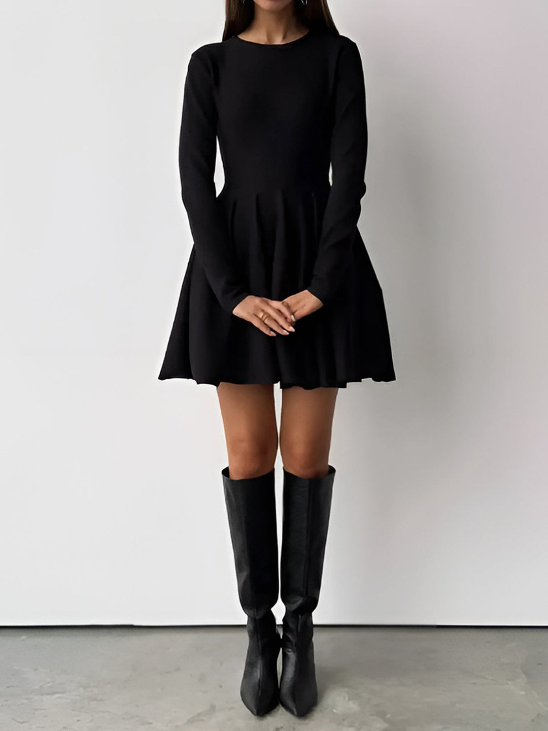 Womens Pleated Knit Sweater Dress Stretch Fit Short Sleeve
