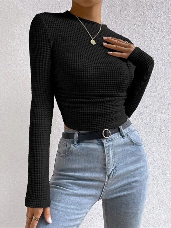 Womens Long Sleeve Waffle Knit Top Soft Fitted