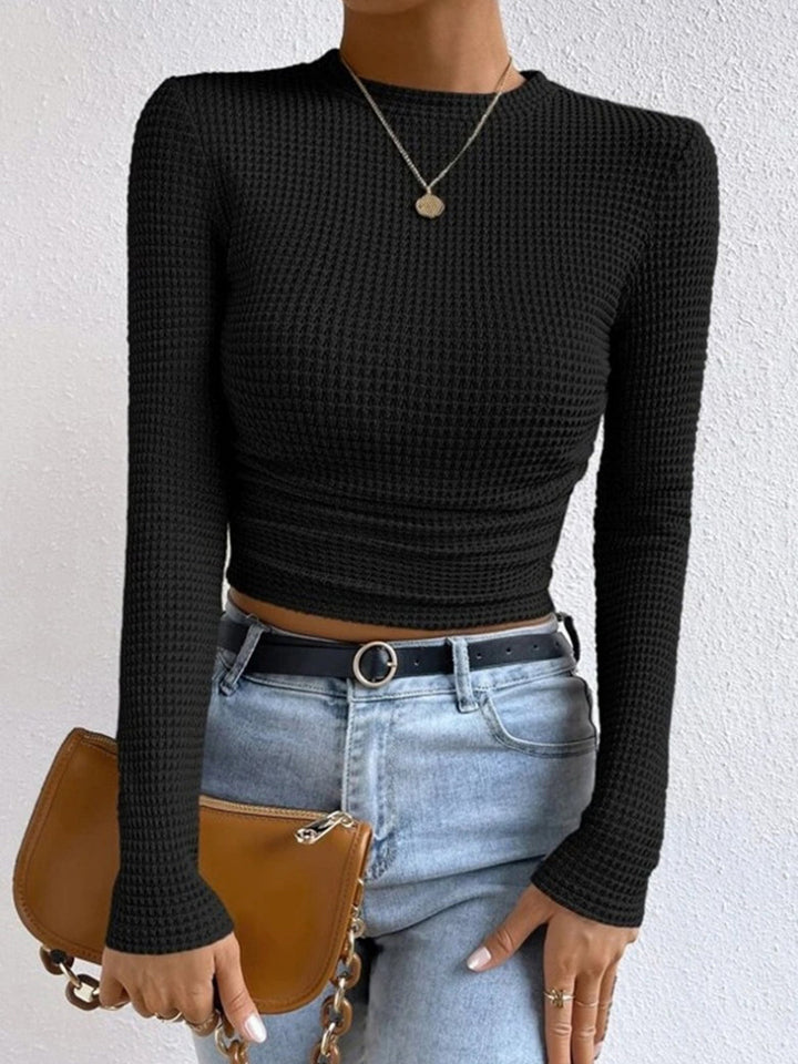 Womens Crop Top Waffle Knit Long Sleeve Crew Neck