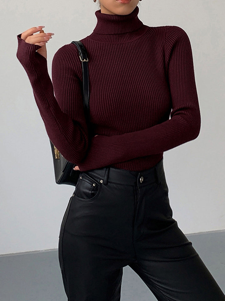 Womens Turtleneck Ribbed Knit Sweater Long Sleeve - BritishMode