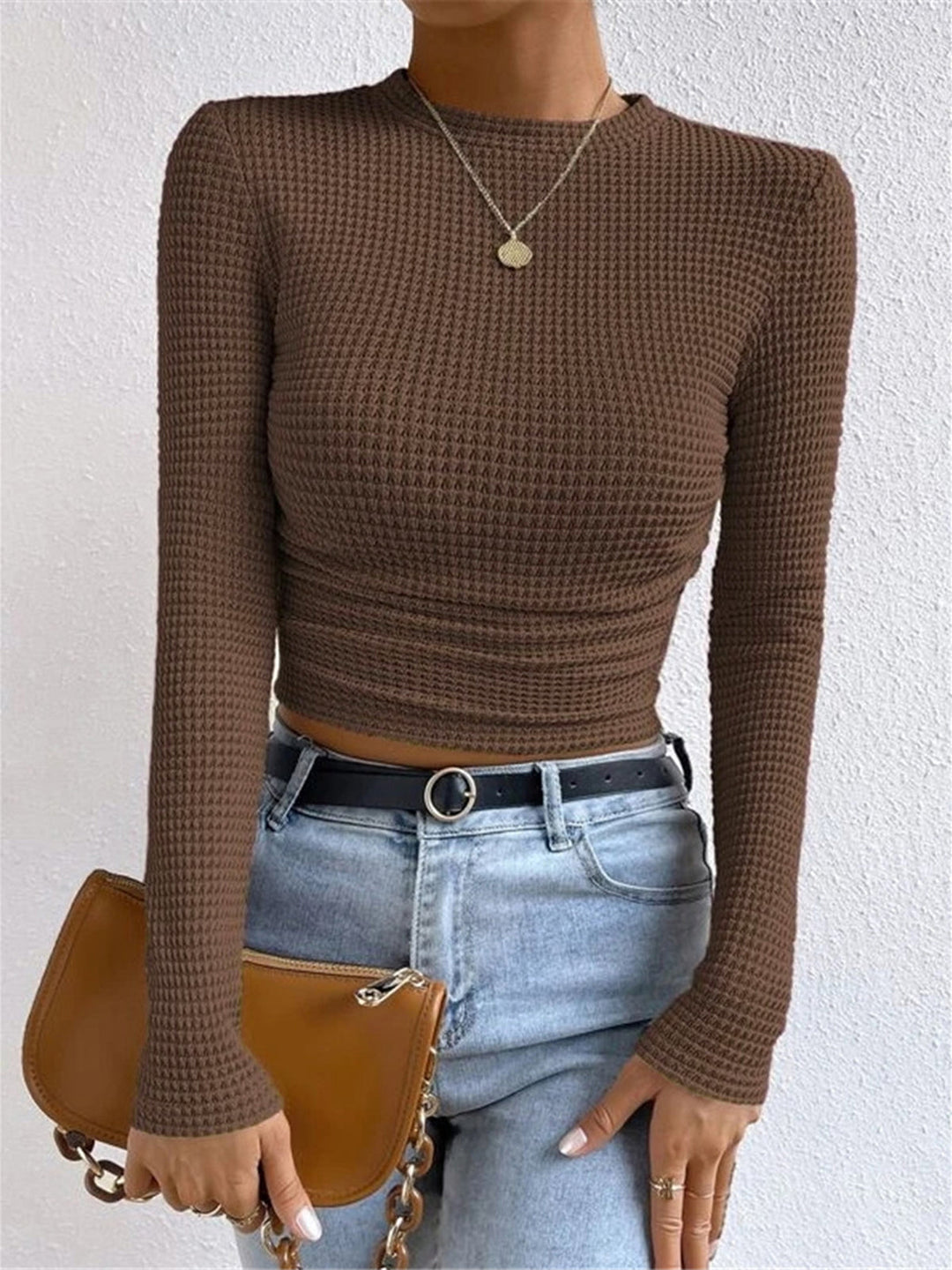 Womens Crop Top Waffle Knit Long Sleeve Crew Neck