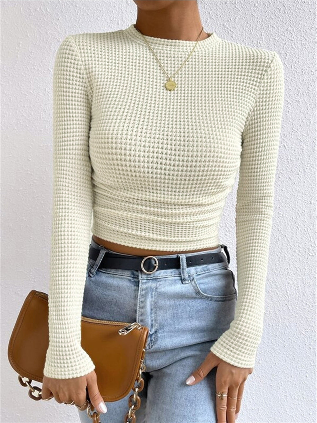 Womens Long Sleeve Waffle Knit Top Soft Fitted - BritishMode