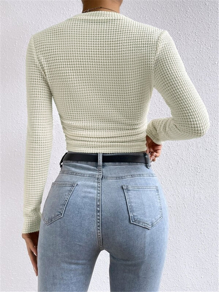 Womens Crop Top Waffle Knit Long Sleeve Crew Neck