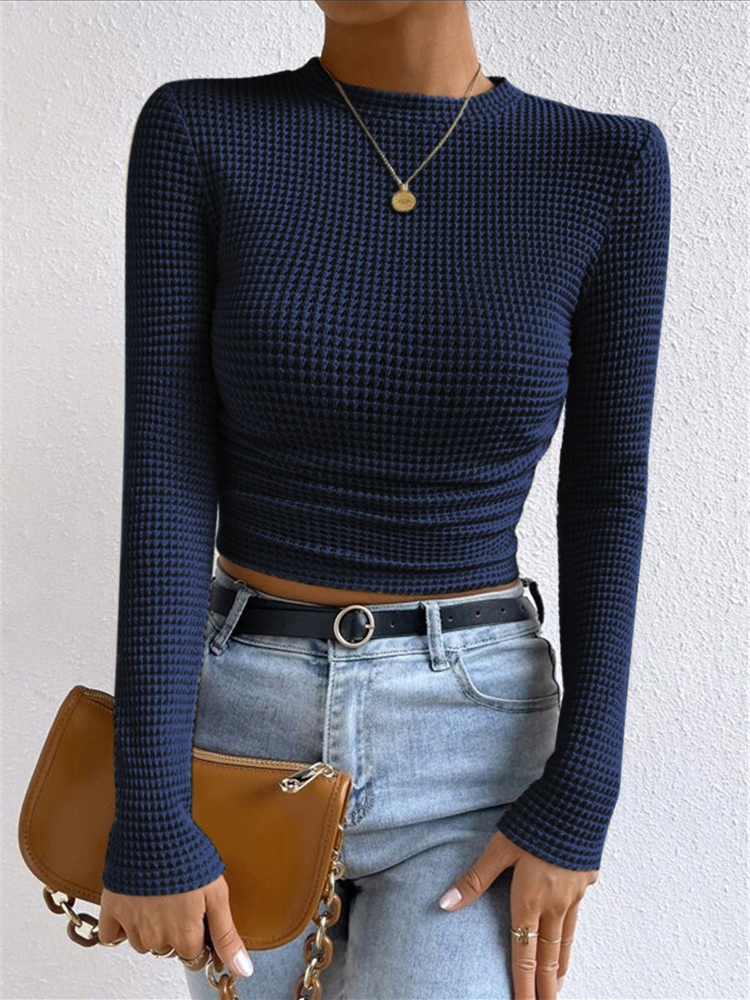 Womens Long Sleeve Waffle Knit Top Soft Fitted