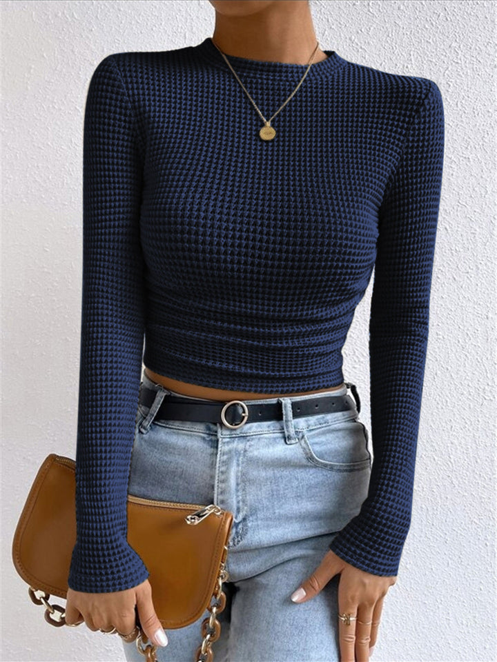 Womens Crop Top Waffle Knit Long Sleeve Crew Neck