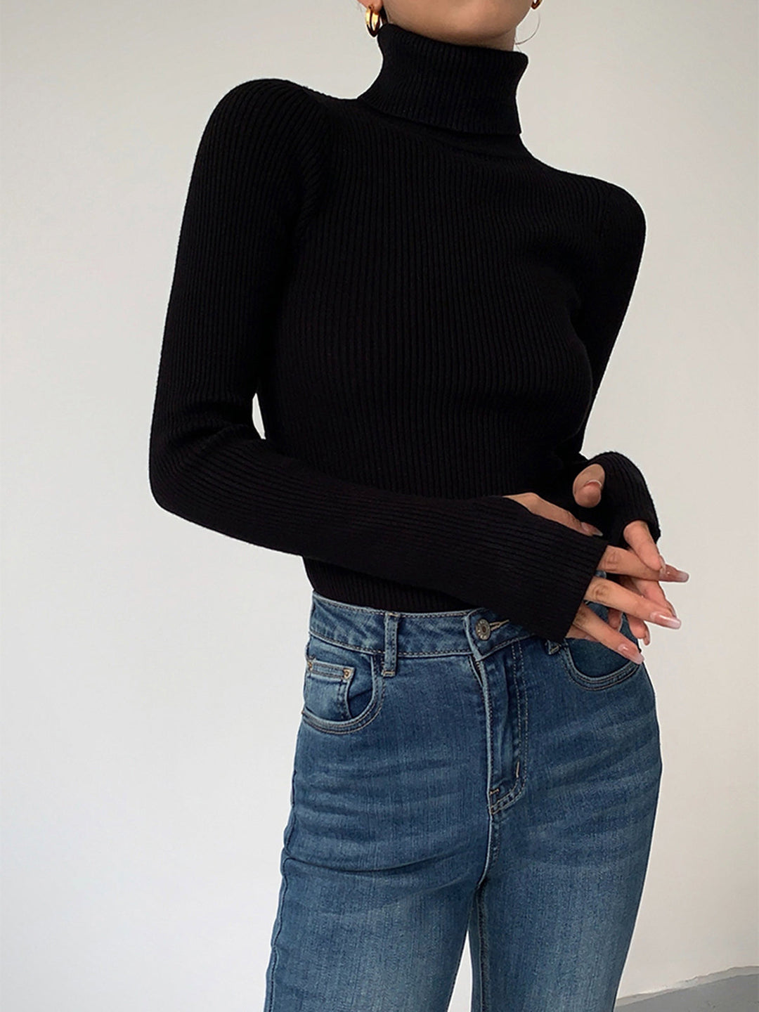Womens Turtleneck Ribbed Knit Sweater Long Sleeve