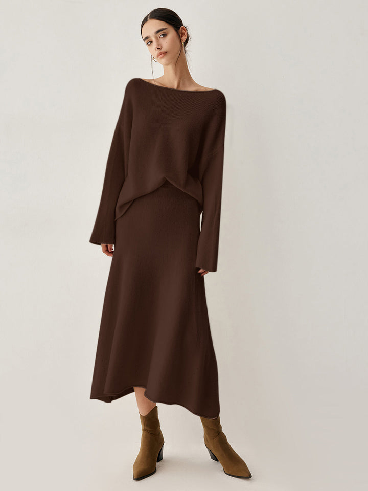 Womens Oversized Knit Sweater and Midi Skirt Two-Piece Set