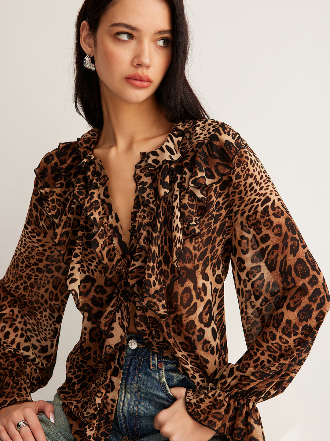 Womens Chiffon Blouse with Ruffle Neckline Long Sleeve - BritishMode