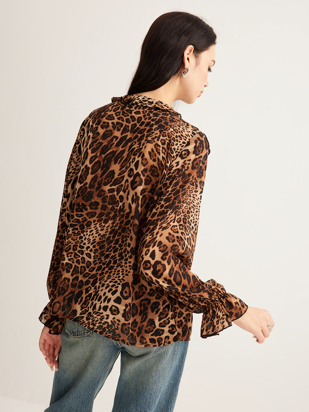 Womens Chiffon Blouse with Ruffle Neckline Long Sleeve