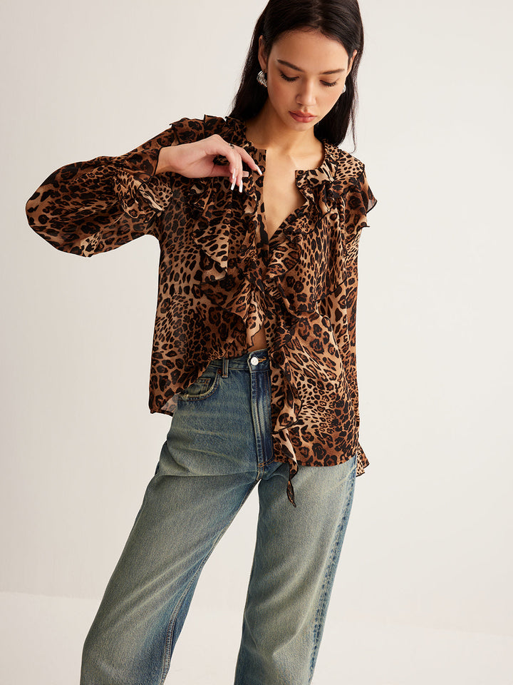 Womens Chiffon Blouse with Ruffle Neckline Long Sleeve