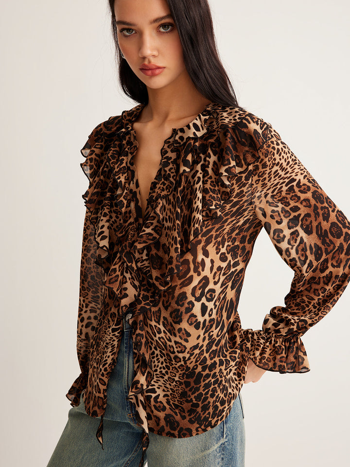 Womens Chiffon Blouse with Ruffle Neckline Long Sleeve