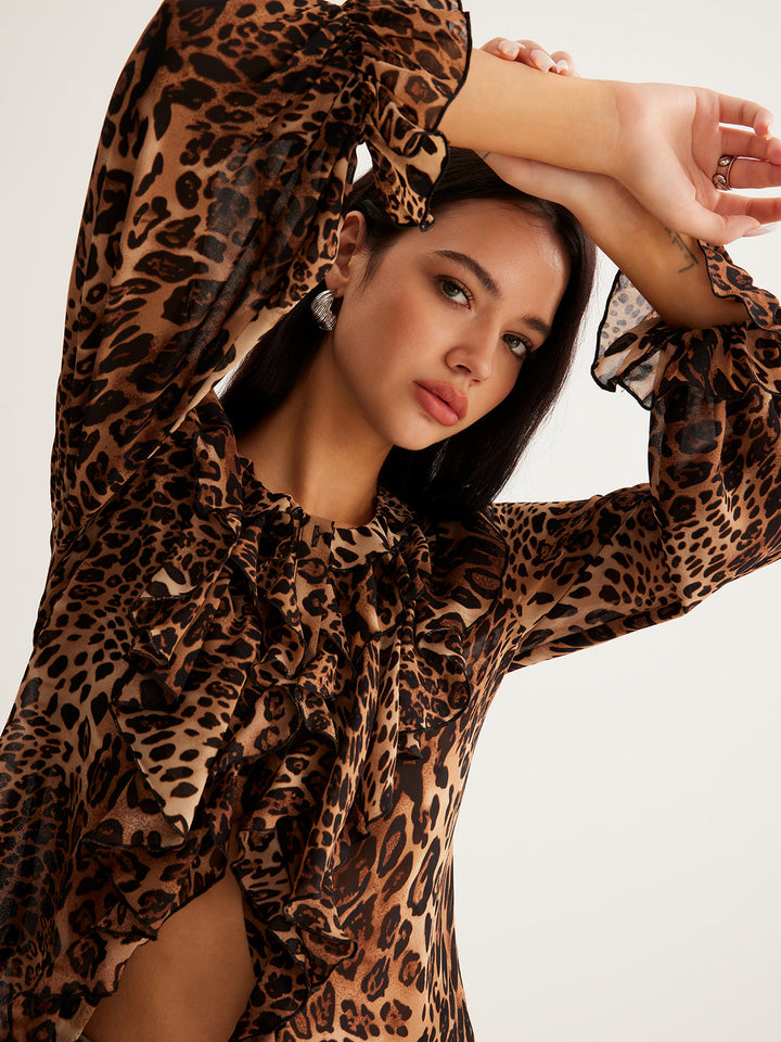 Womens Chiffon Blouse with Ruffle Neckline Long Sleeve