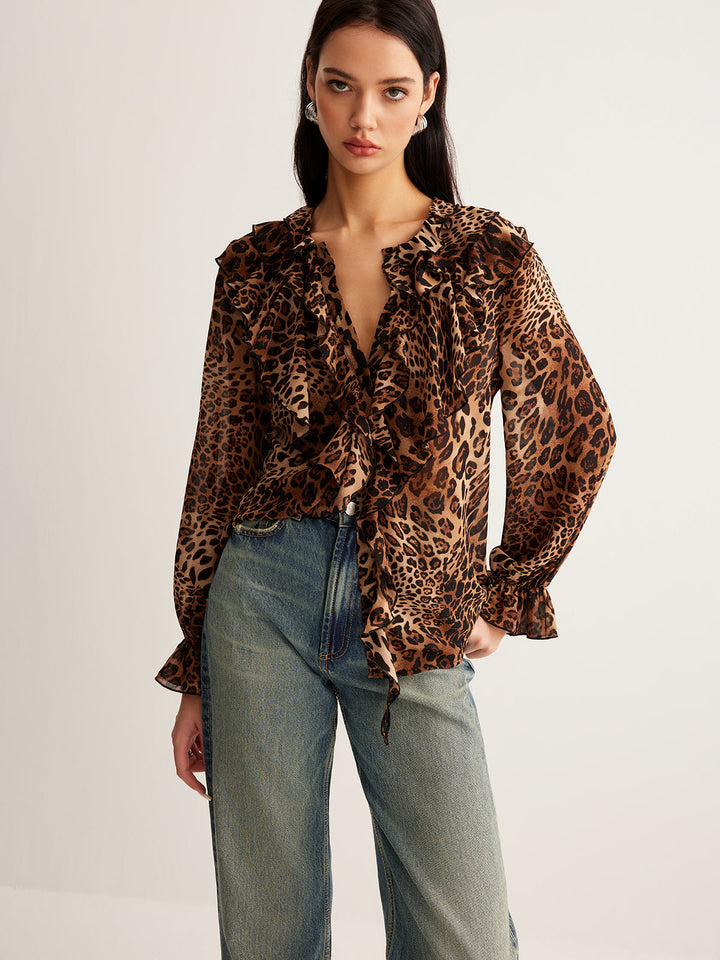 Womens Chiffon Blouse with Ruffle Neckline Long Sleeve
