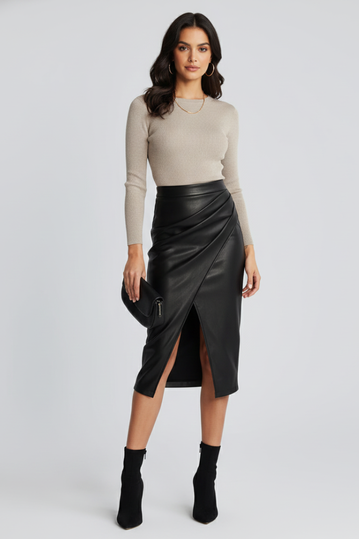 Womens Pleated Midi Skirt with Front Split