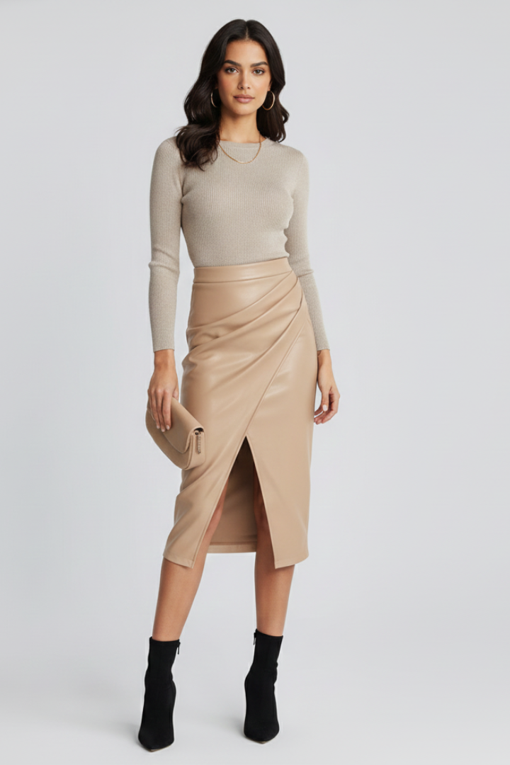 Womens Pleated Midi Skirt with Front Split