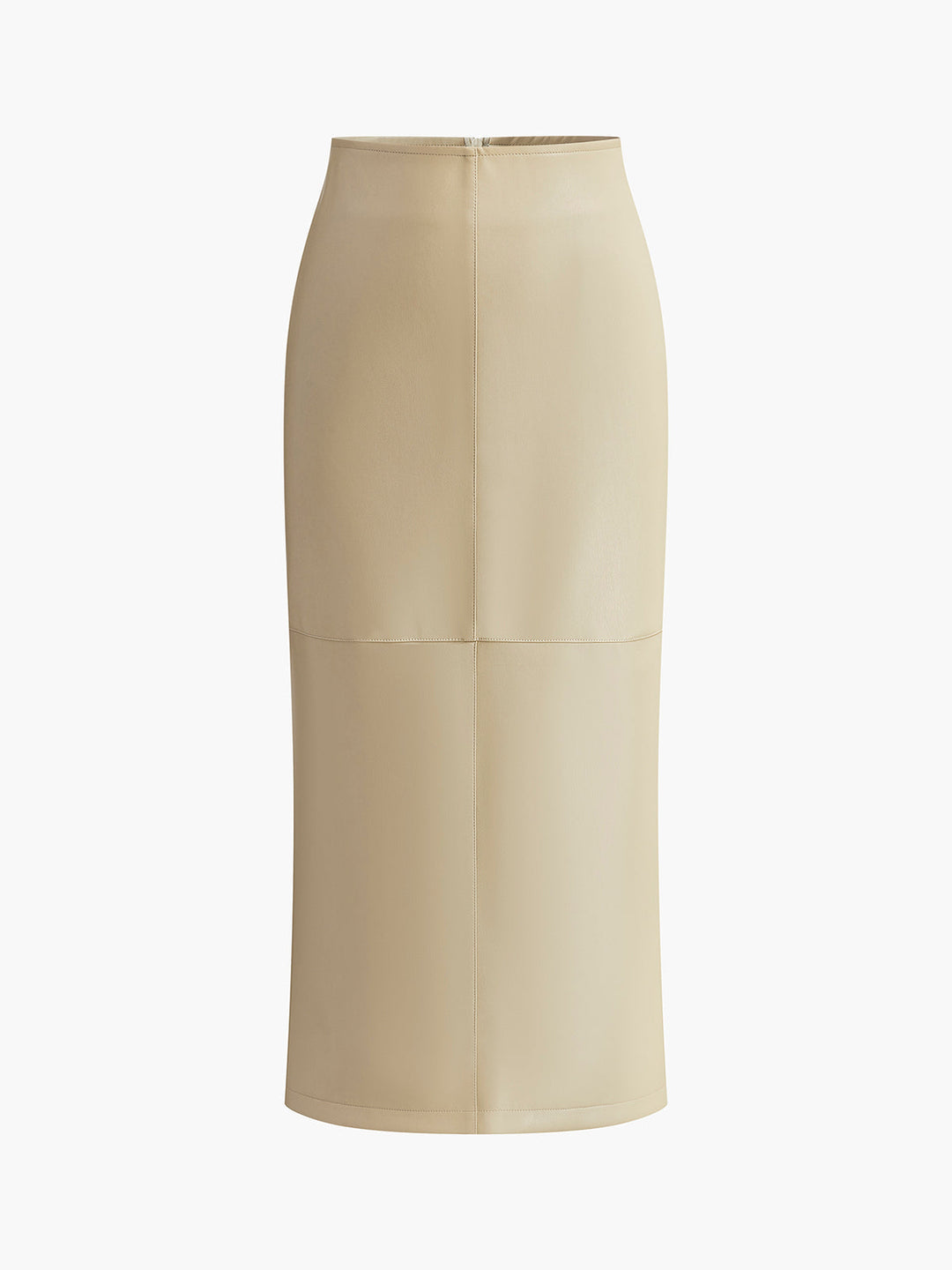 Womens Faux Leather Midi Skirt High Waist Piped Hem Slit