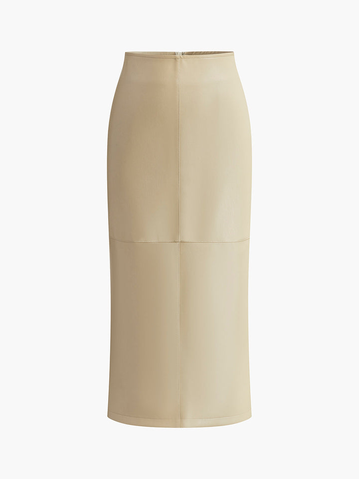 Womens Faux Leather Midi Skirt High Waist Piped Hem Slit