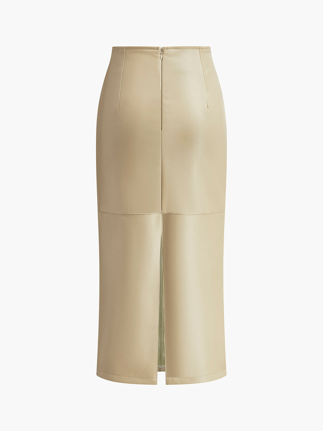 Womens Faux Leather Midi Skirt High Waist Piped Hem Slit
