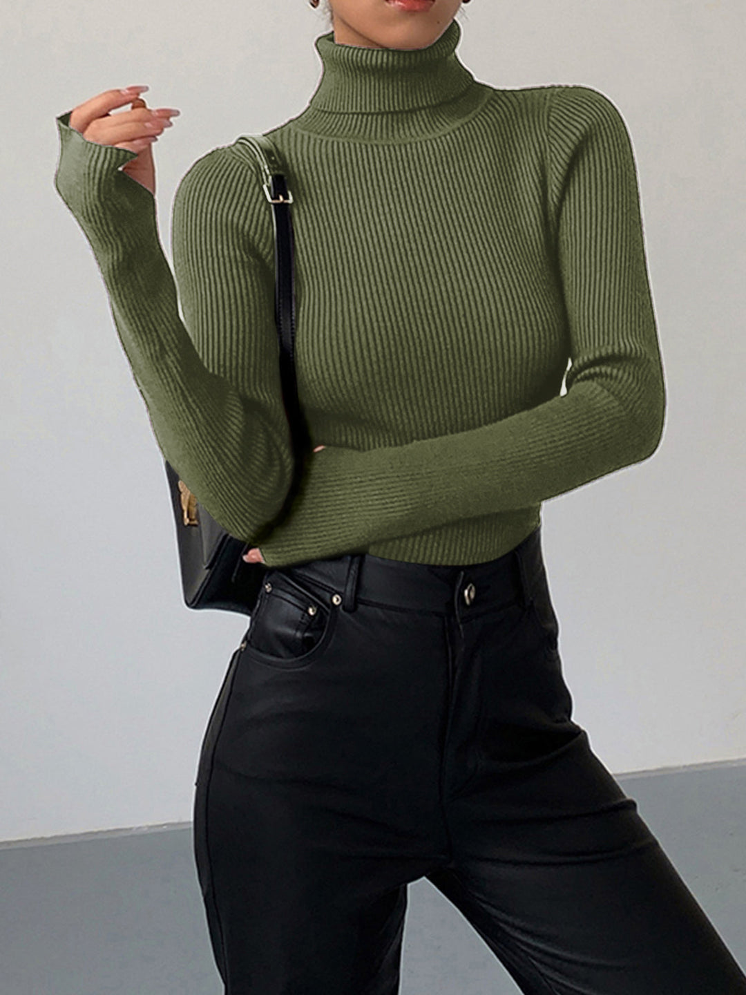 Womens Turtleneck Ribbed Knit Sweater Long Sleeve