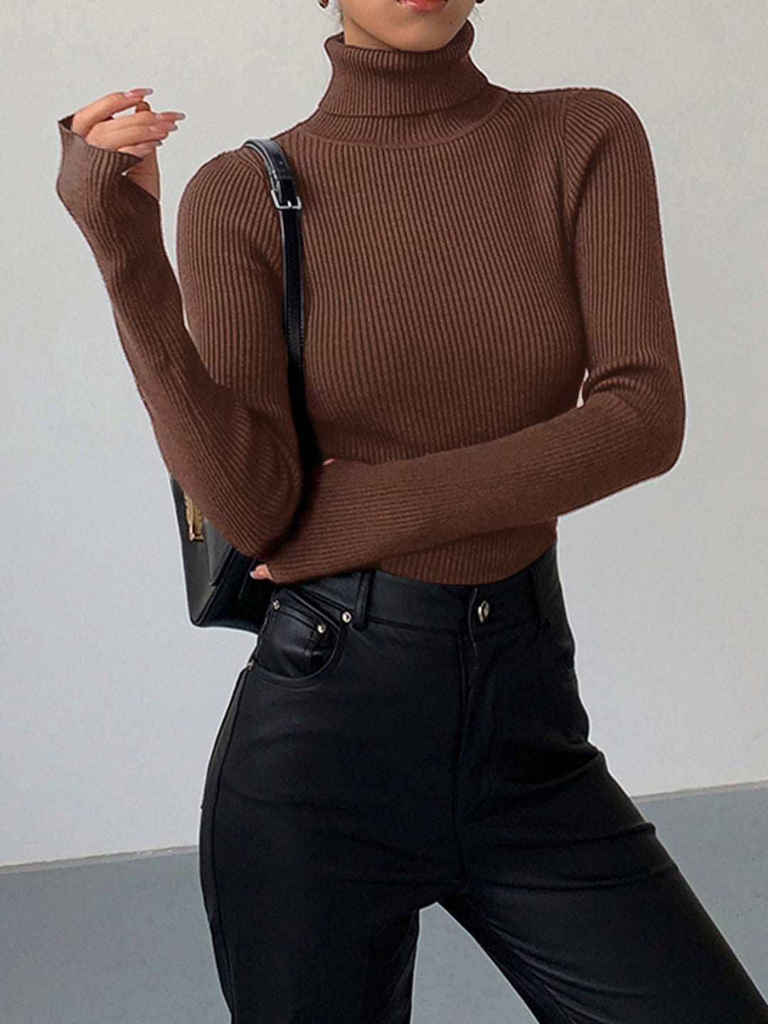 Womens Turtleneck Ribbed Knit Sweater Long Sleeve