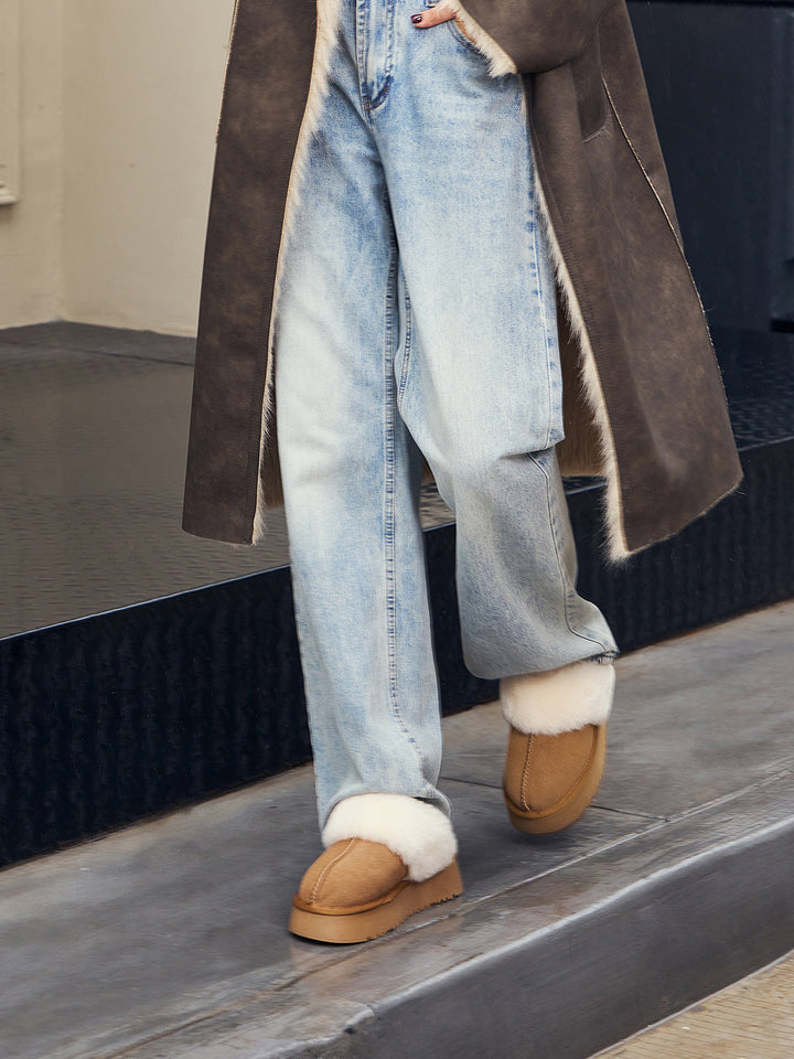 Unisex Leather Slippers Shearling Lined Non-Slip Indoor