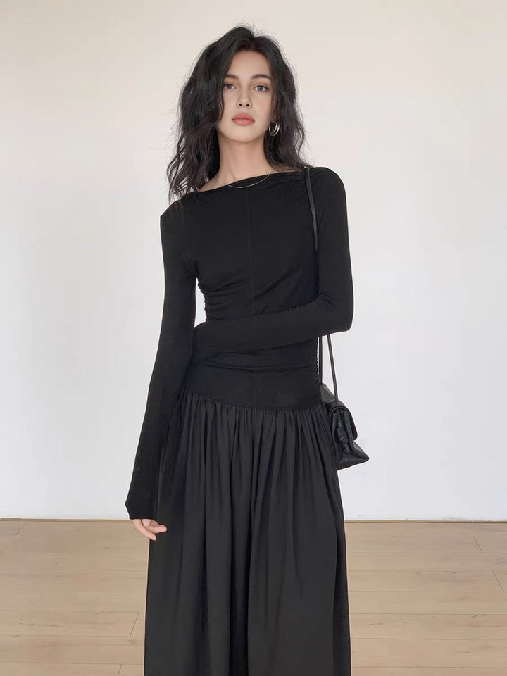 Womens Pleated Knit Midi Dress Patchwork Long Sleeve Flattering Fit