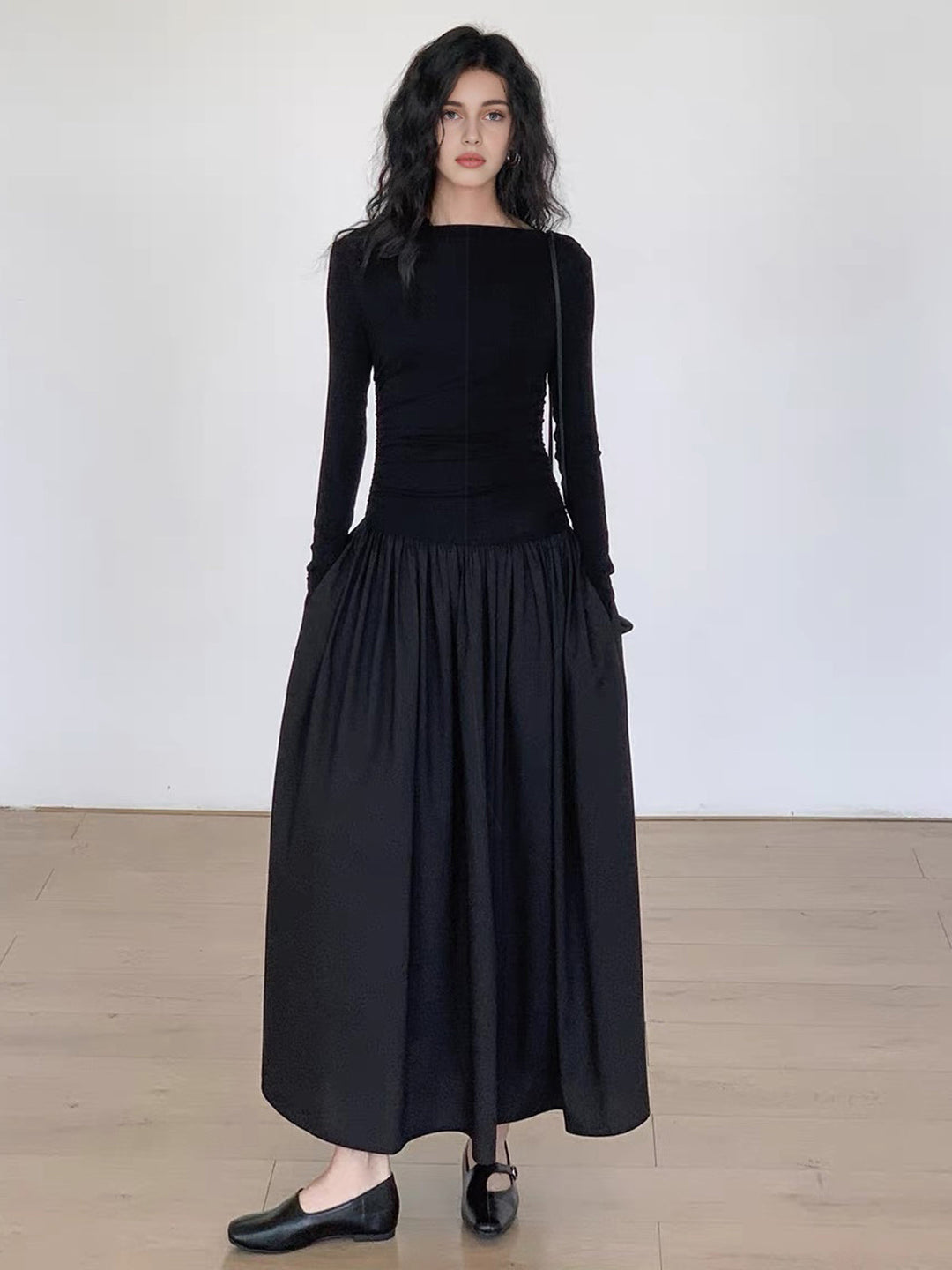 Womens Pleated Knit Midi Dress Patchwork Long Sleeve Flattering Fit - BritishMode