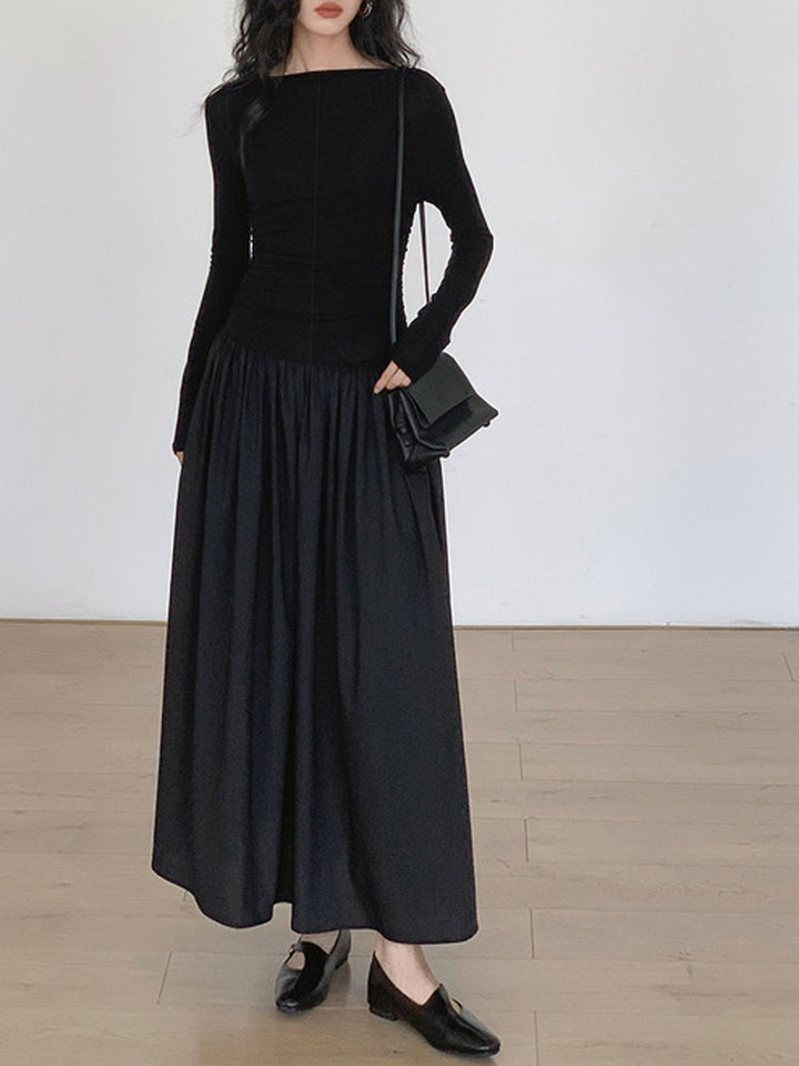 Womens Pleated Knit Midi Dress Patchwork Long Sleeve Flattering Fit
