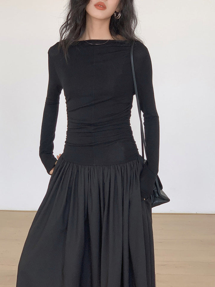 Womens Pleated Knit Midi Dress Patchwork Long Sleeve Flattering Fit