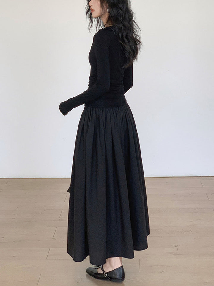 Womens Pleated Knit Midi Dress Patchwork Long Sleeve Flattering Fit