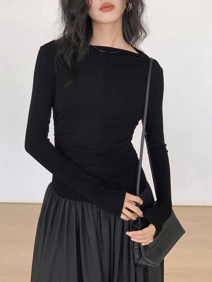 Womens Pleated Knit Midi Dress Patchwork Long Sleeve Flattering Fit
