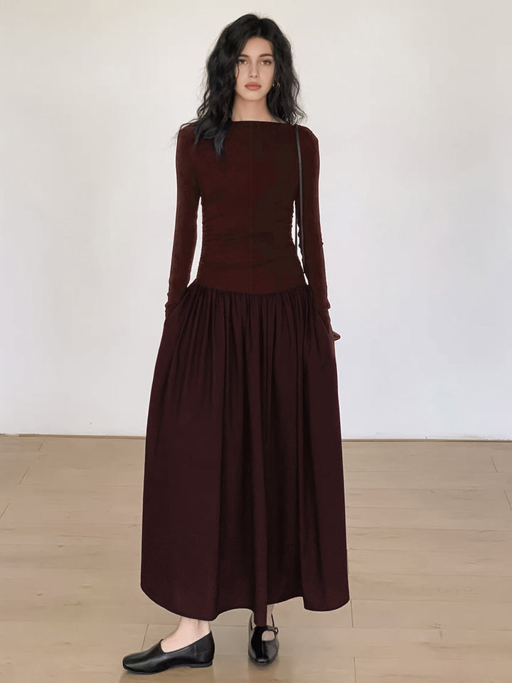Womens Pleated Knit Midi Dress Patchwork Long Sleeve Flattering Fit