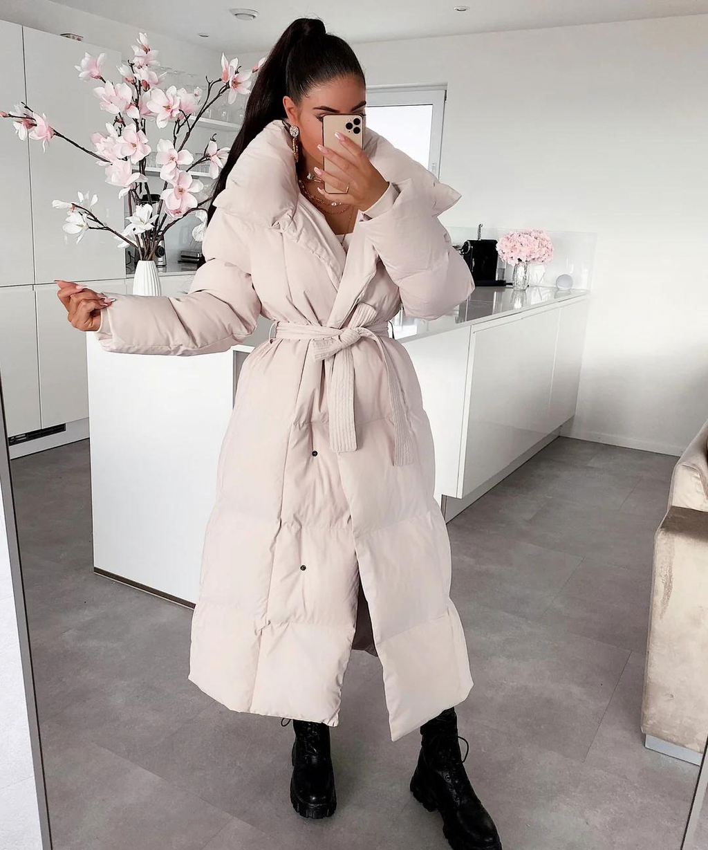 Womens Long Coat with Belt Elegant Outerwear