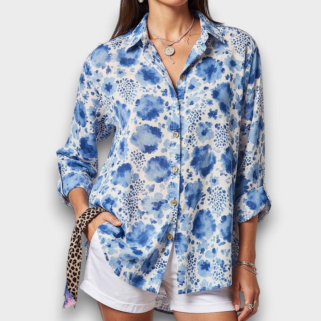 Womens Oversized Blouse with Watercolor Floral Print - BritishMode