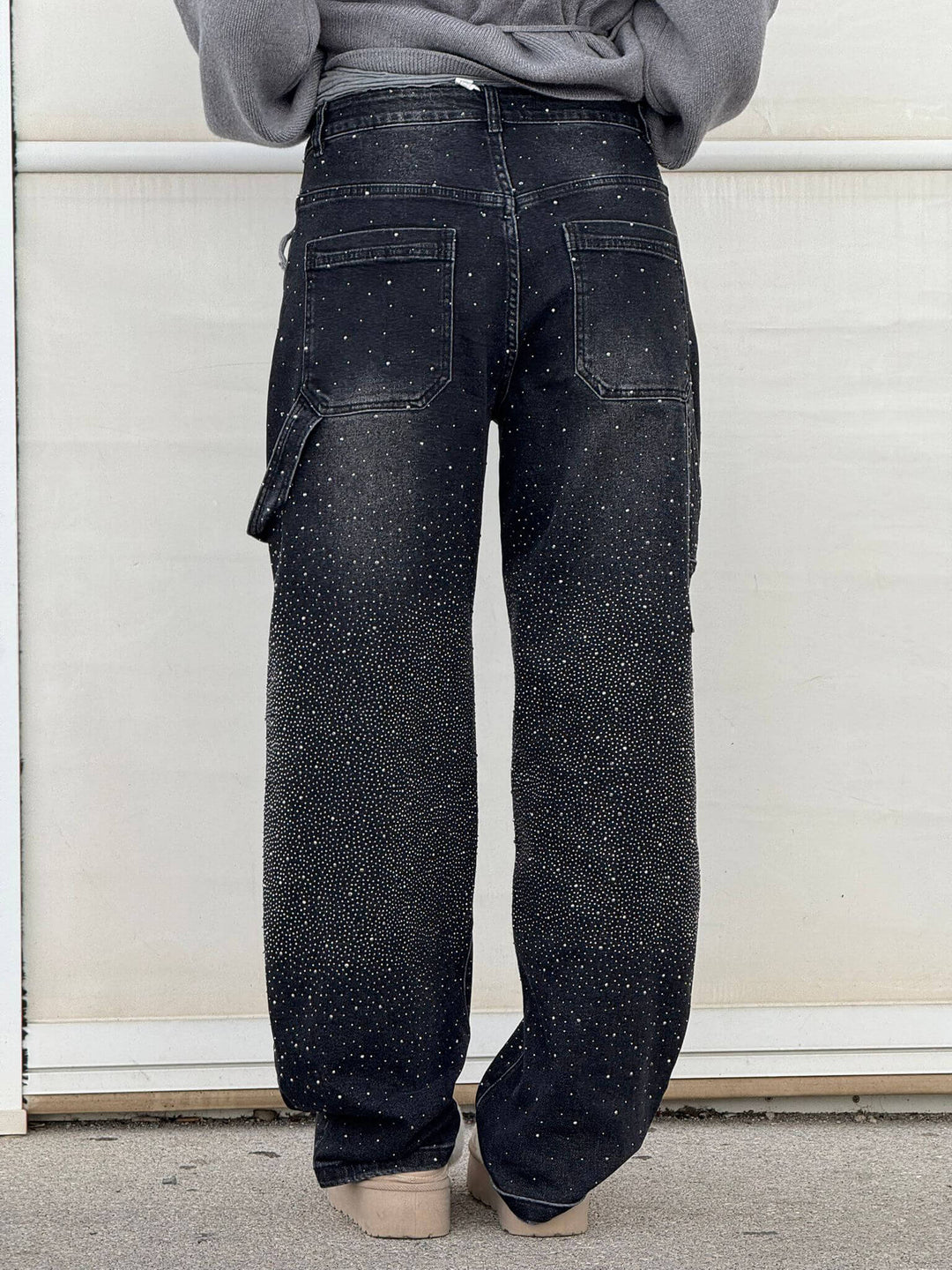 Womens Wide-Leg Denim Jeans Glitter Detail