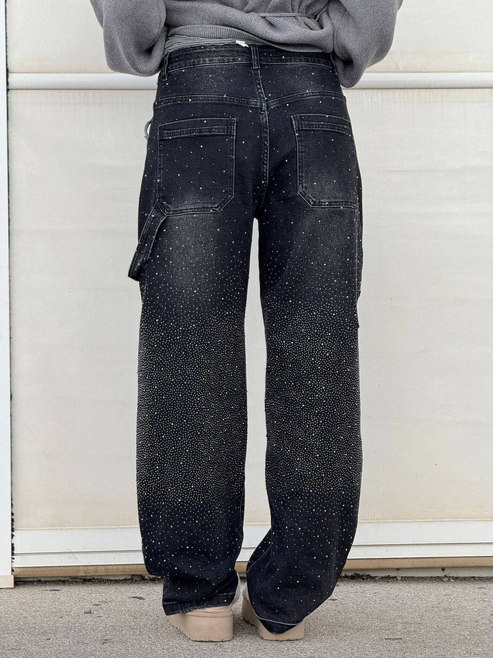 Womens Wide-Leg Denim Jeans Glitter Detail
