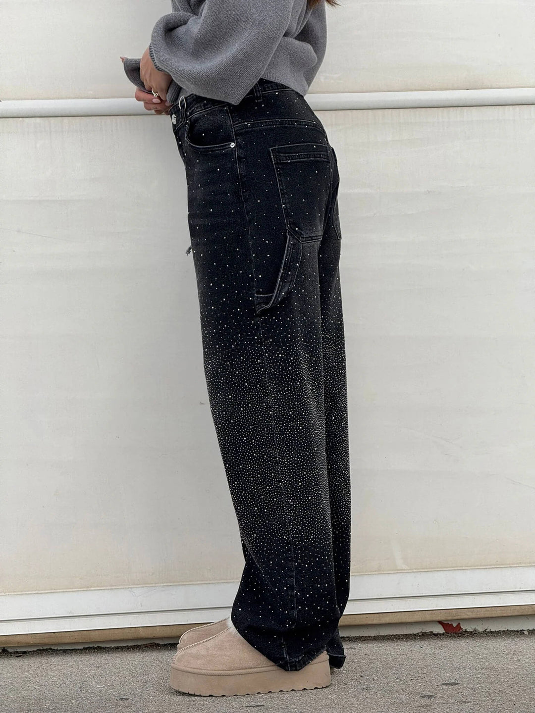 Womens Wide-Leg Denim Jeans Glitter Detail