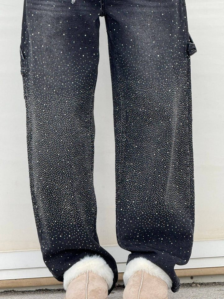 Womens Wide-Leg Denim Jeans Glitter Detail