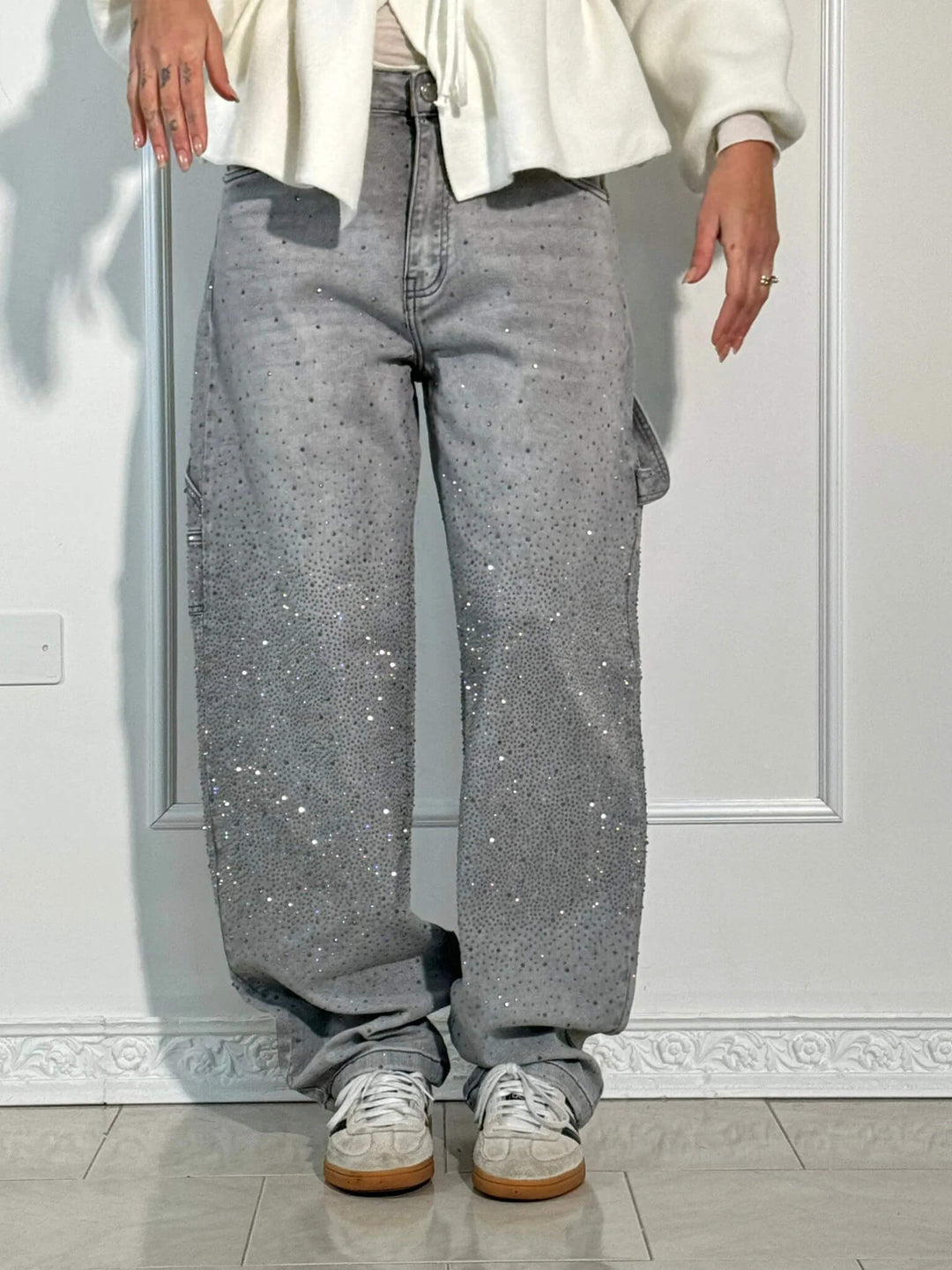 Womens Wide-Leg Denim Jeans Glitter Detail