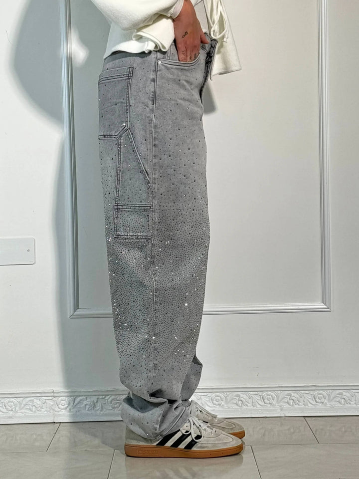 Womens Wide-Leg Denim Jeans Glitter Detail