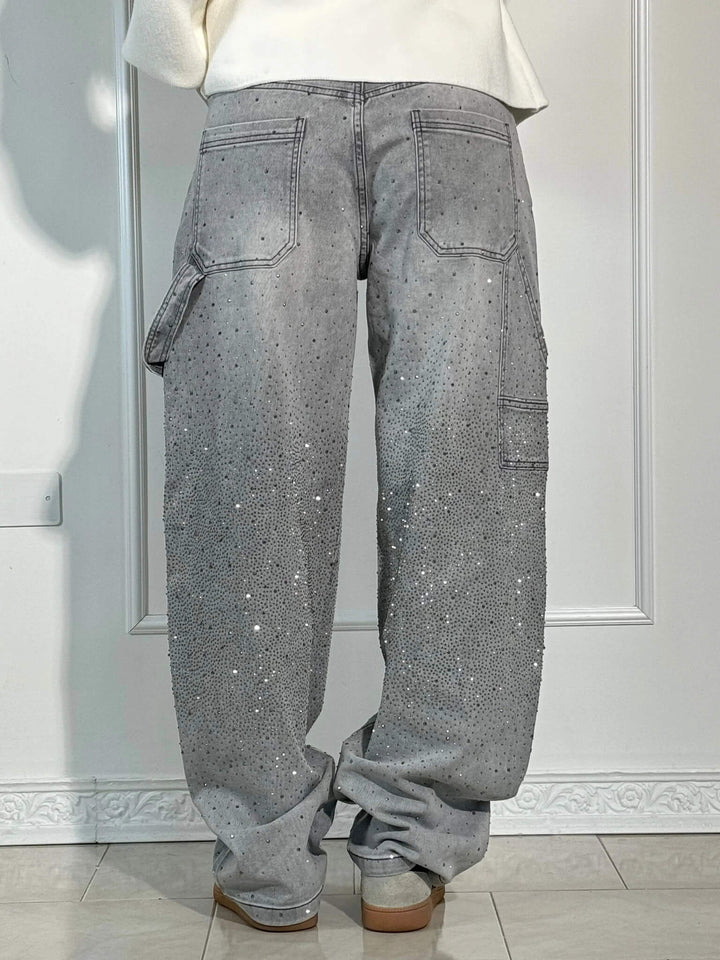 Womens Wide-Leg Denim Jeans Glitter Detail