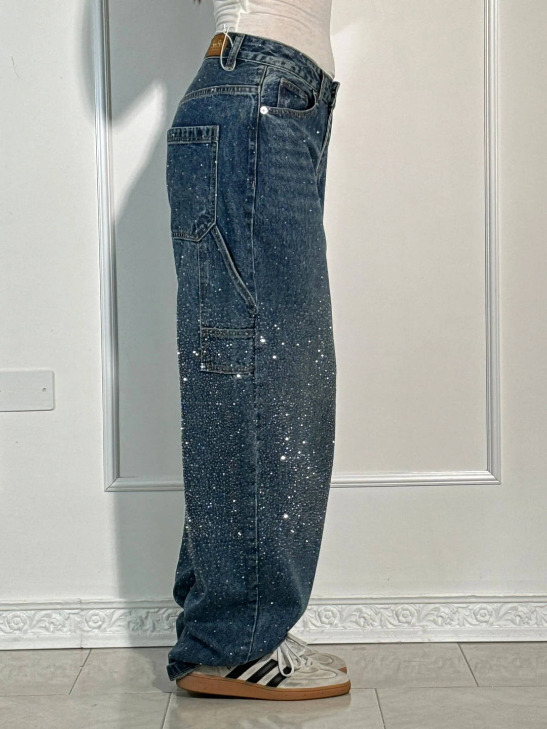 Womens Wide-Leg Denim Jeans Glitter Detail