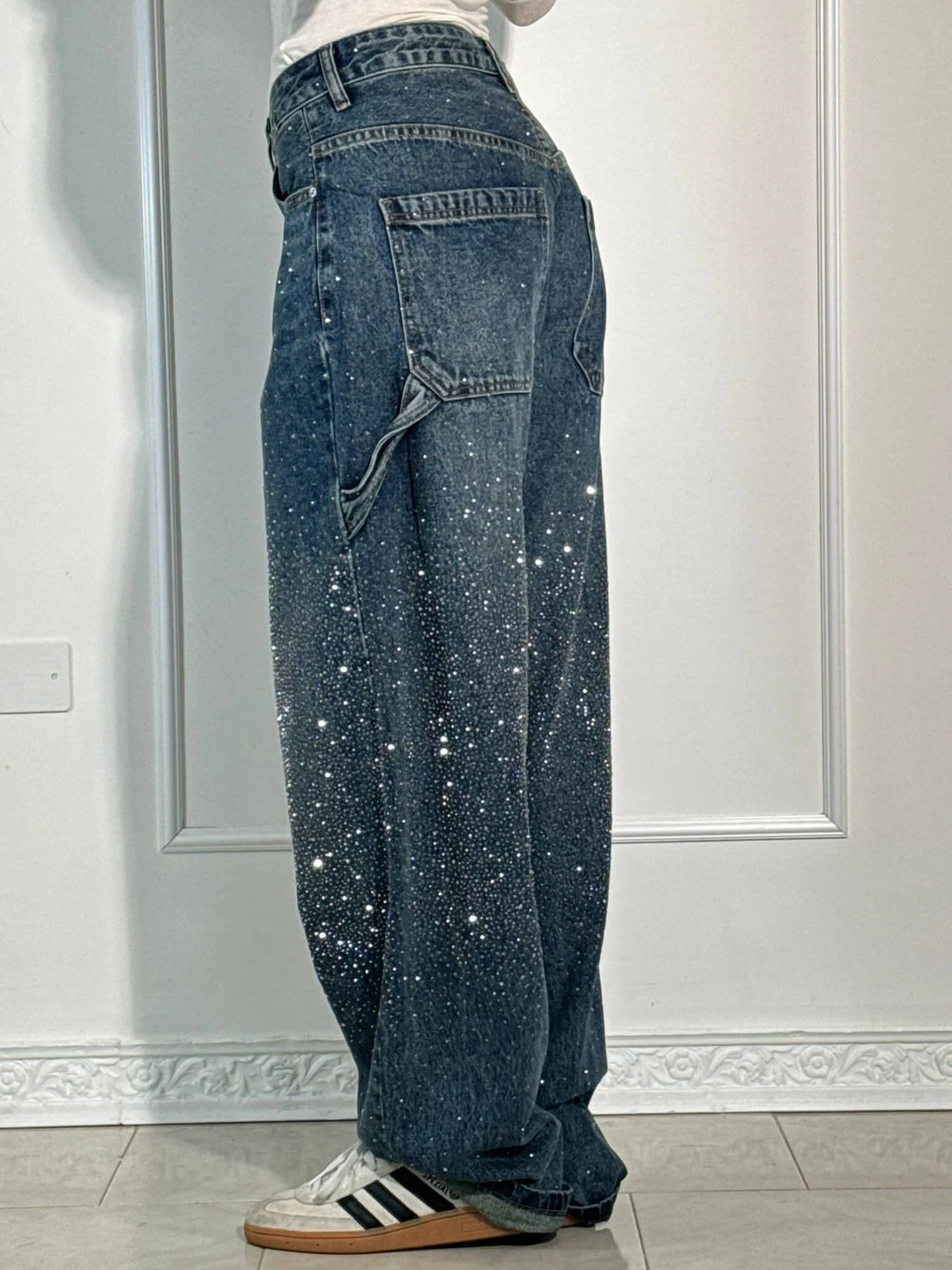 Womens Wide-Leg Denim Jeans Glitter Detail