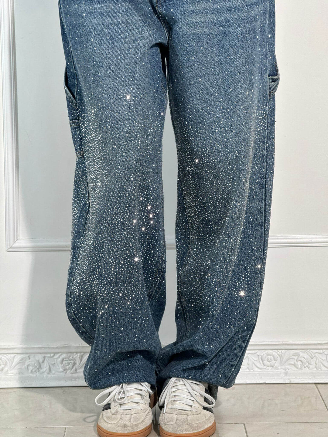 Womens Wide-Leg Denim Jeans Glitter Detail