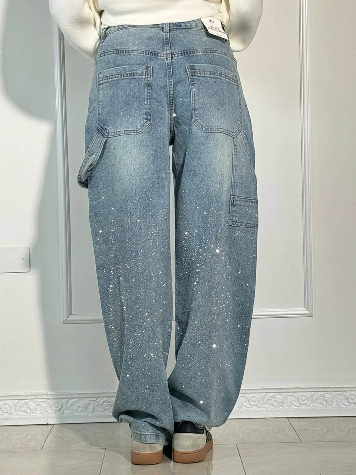 Womens Wide-Leg Denim Jeans Glitter Detail