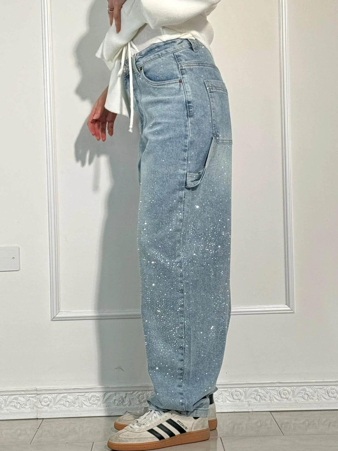 Womens Wide-Leg Denim Jeans Glitter Detail