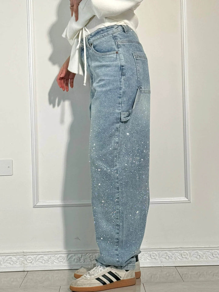 Womens Wide-Leg Denim Jeans Glitter Detail