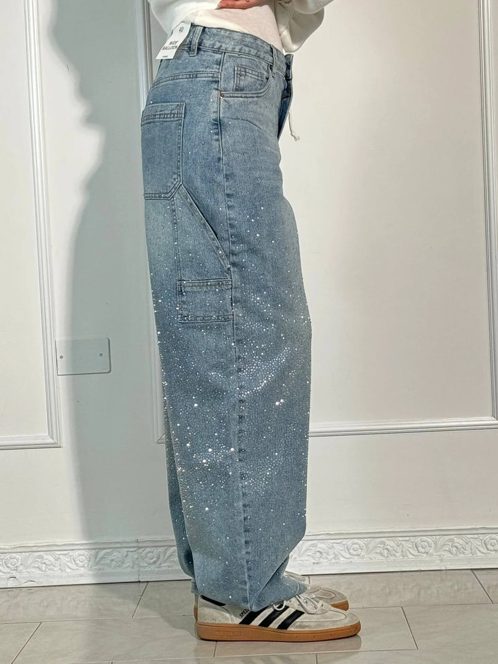 Womens Wide-Leg Denim Jeans Glitter Detail